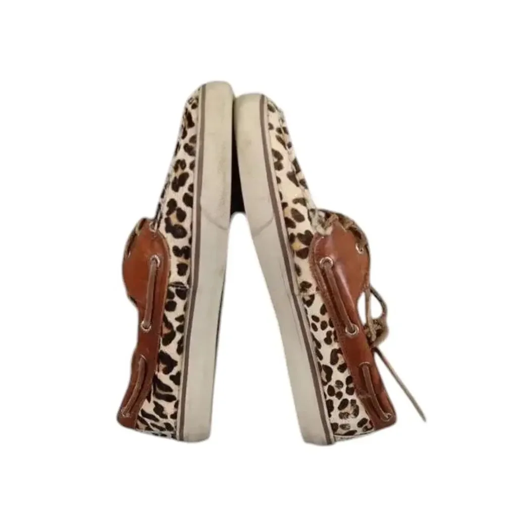 Sperry Shoes Womens 8.5 Top Sider Boat Deck Leather Leopard Print Fashion Preppy
